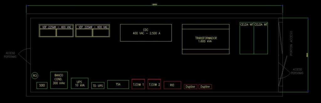 Vista de planta que muestra la disposición de equipos en la sala eléctrica.