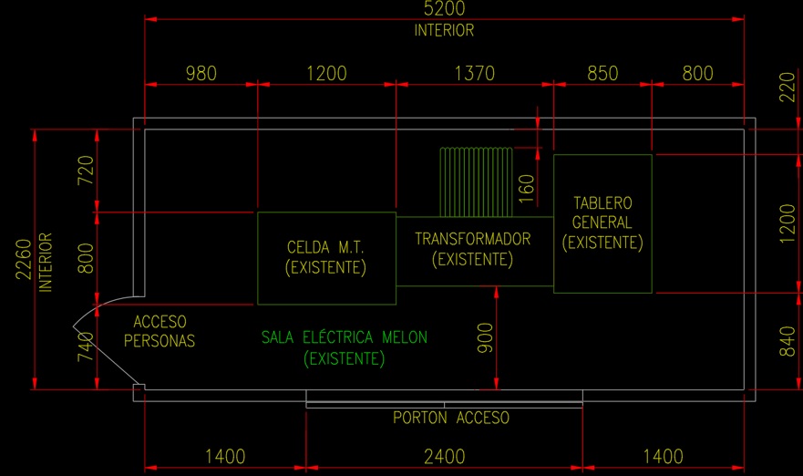 Vista detallada del diseño interno de la Sala Eléctrica actual, resaltando la disposición de equipos y componentes eléctricos.